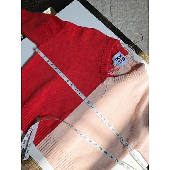XO Kerri Rosenthal Heart Color Block V-Neck Sweater Sz M Radiant red pink blush - Picture 6 of 11
